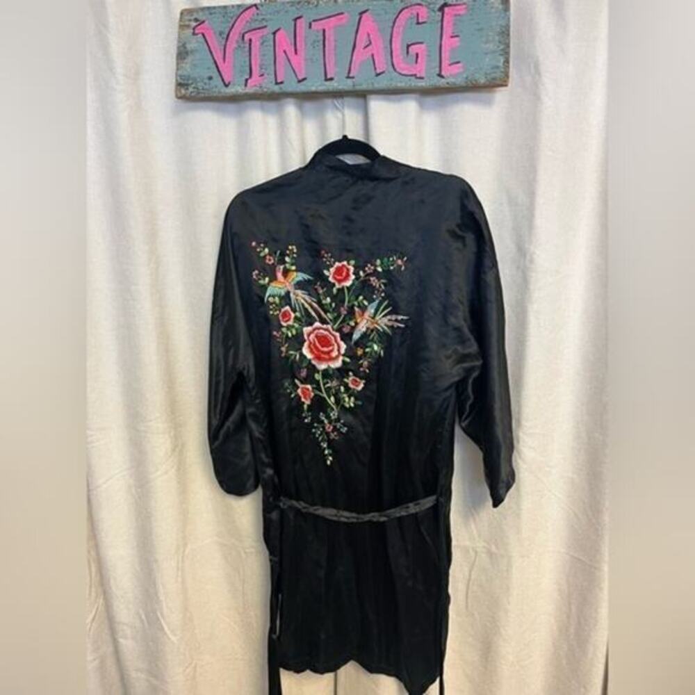 Vintage Chinese Asian Black Floral Embroidered Kimono Rayon Silk Whimsygoth